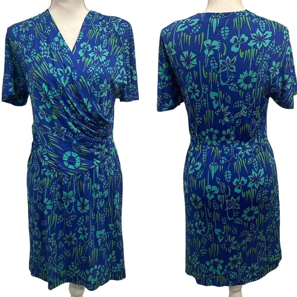 VTG 70s Bessi Firenze Blue Green Floral Silk Faux‎ Wrap Surplice Dress Mod Small